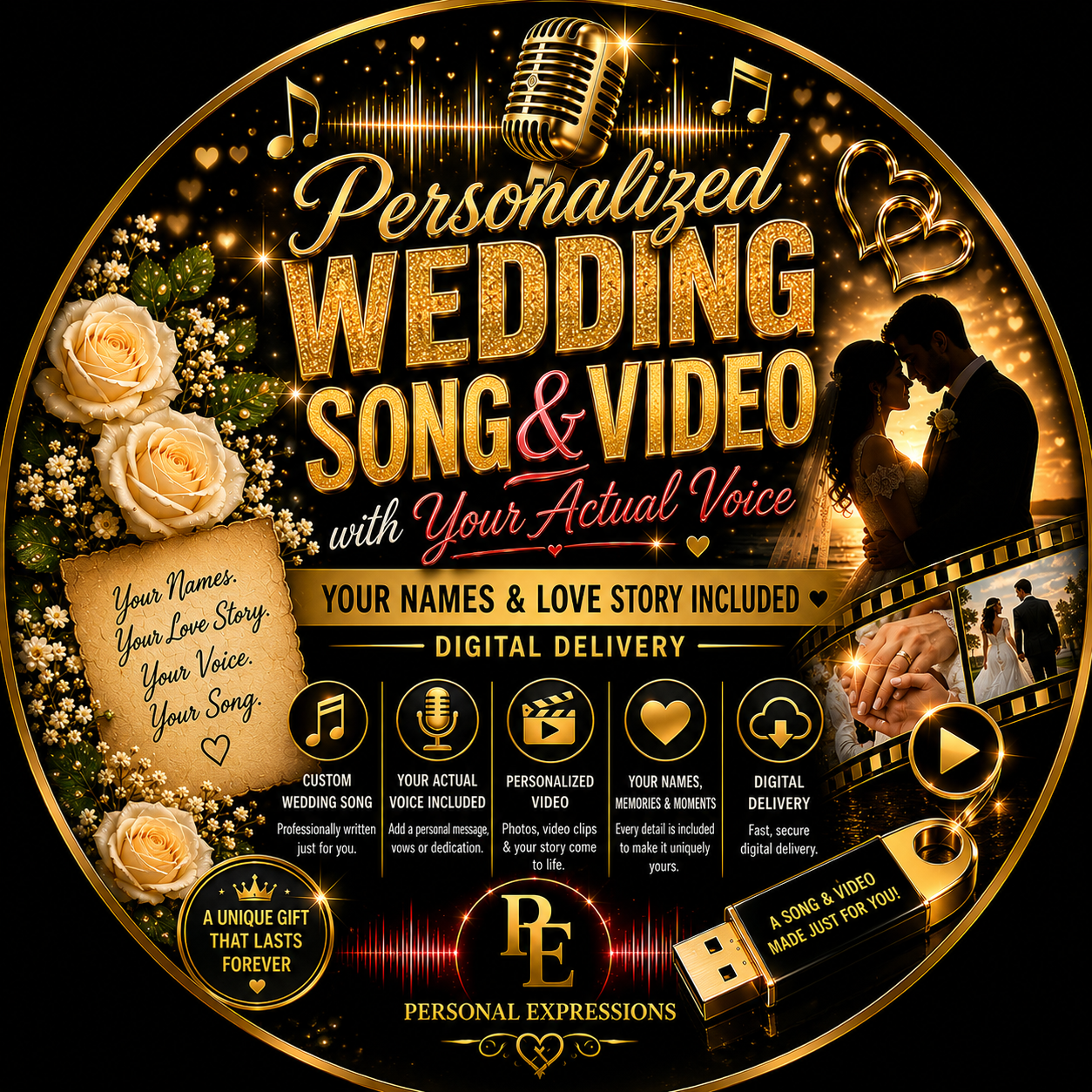 Personalized Wedding Song & Video with Your Actual Voice – Your Names & Love Story Included – Digital Delivery